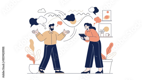 Illustration of Two People Engaged in a Creative Conversation in a Modern Indoor Setting