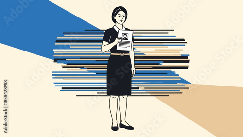 Illustration of a woman holding a resume or ID badge standing confidently in front of abstract