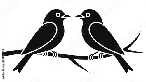 Romantic Valentine's Day Vector Illustration Featuring Two Love Birds Silhouette Perched on a Tree Branch, Minimalist Black and White Graphic Design for Wedding Invitations and Anniversary Cards