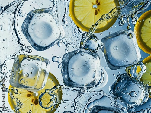 Close-up of ice cubes with lemon slices in splashing water. Generative AI. 