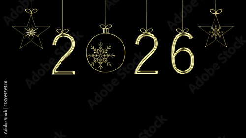 Year 2026 Gold Ornaments. New Year's 2026 number with gold stars and snowflakes ornaments.
 
