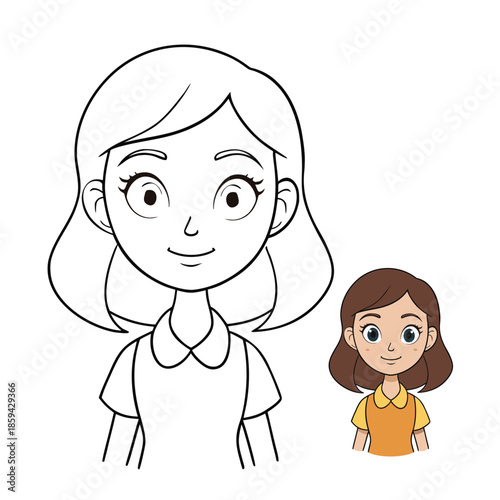 A charming coloring page of a cute brunette girl with big sparkling eyes, playful smile, and flowing hair, ready to bring joy and creativity to every stroke.
