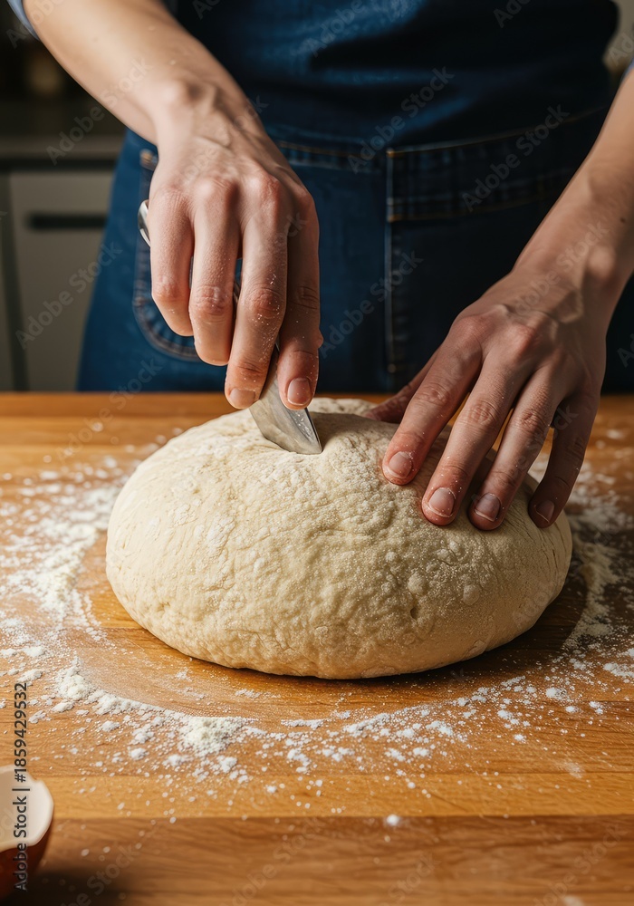 Obraz premium Close up view of hands working and mixing fresh raw bread dough ingredients on a wooden board ready for baking in the kitchen area ,unprocessed ,close up ,kneading