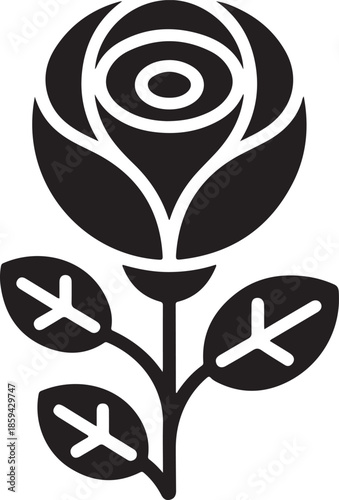 An elegant black silhouette of a blooming rose with leaves, a classic floral icon