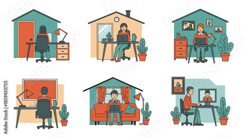  Set of mixed-race women freelancers using laptops, working from home during coronavirus quarantine and self-isolation