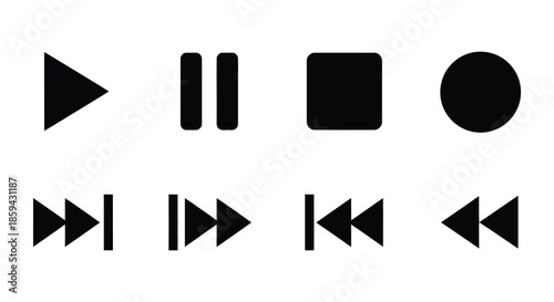 Black media player controls play pause stop and rewind icons displayed