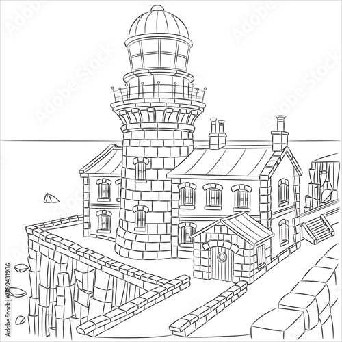 Black and white drawing of a stone lighthouse on a cliff above the sea.