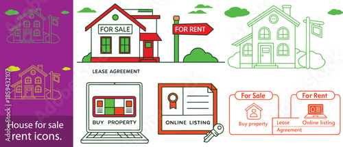 House for sale and home for rent icons. Buy property, online listing and lease agreement vector symbols.