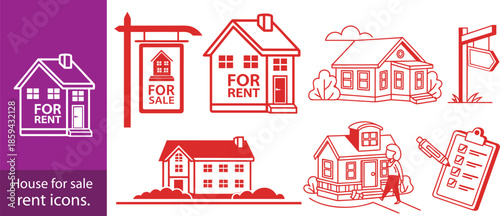 House for sale and home for rent icons. Buy property, online listing and lease agreement vector symbols.