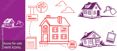 House for sale and home for rent icons. Buy property, online listing and lease agreement vector symbols.