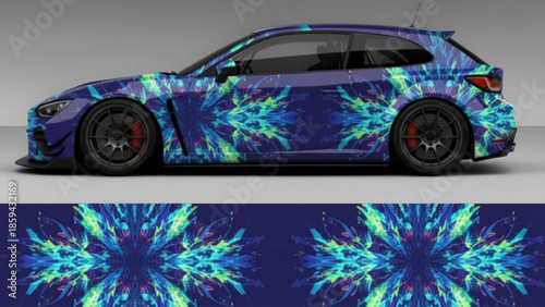 Customized dark blue car with a vibrant abstract symmetrical fractal pattern wrap design.