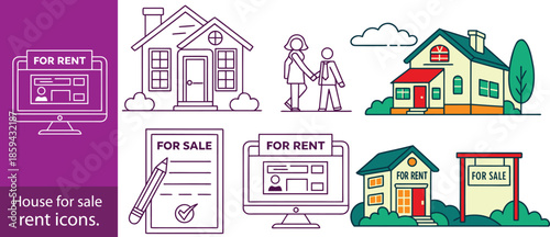 House for sale and home for rent icons. Buy property, online listing and lease agreement vector symbols.