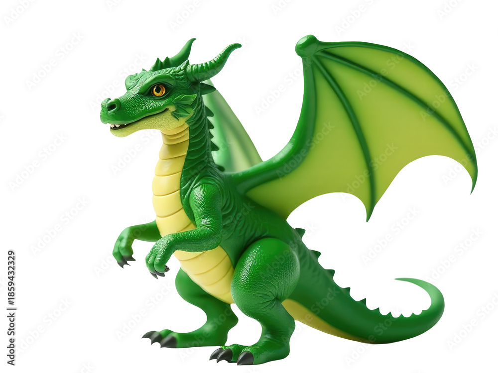 Fototapeta premium A detailed image of a green and yellow dragon statue against a plain white background