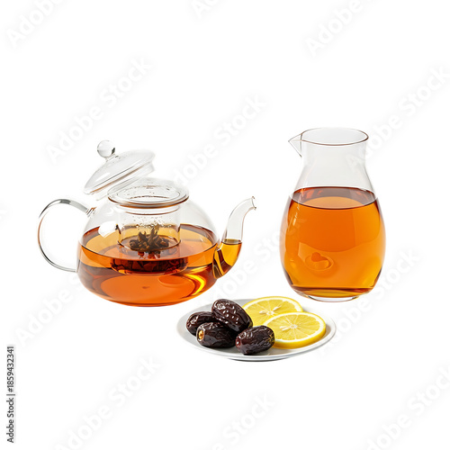 Glass teapot with brewed tea, a glass pitcher of tea, dried dates, and lemon slices on a pure transparent background