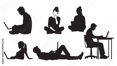 ilhouette illustration of people working on laptops in various sitting positions. Remote work and study concept, black-and-white vector art