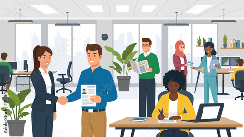 Modern office workplace with diverse business people in recruitment and teamwork activities: job interview handshake, resume presentation, flat vector illustration.