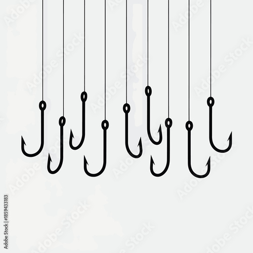 A series of black fishing hooks suspended by lines on a white background