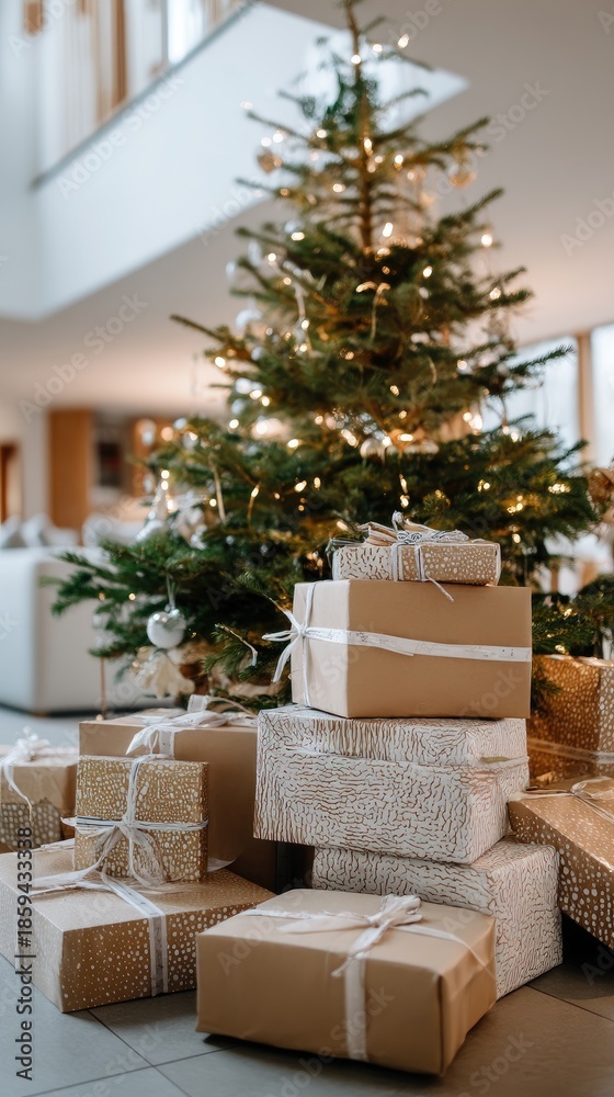 Obraz premium A family decorates a Christmas tree in a living room with a warm fireplace lit in the background filled with gifts and decorations