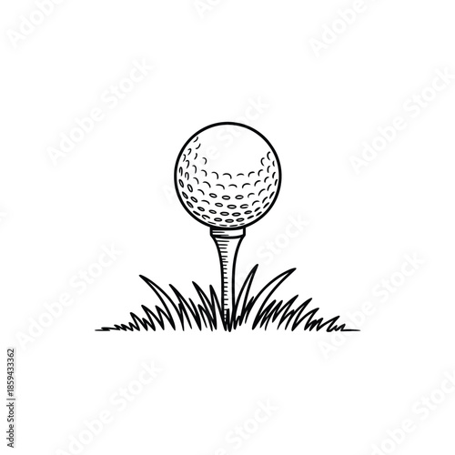 A simple black and white sketch of a golf ball on a tee