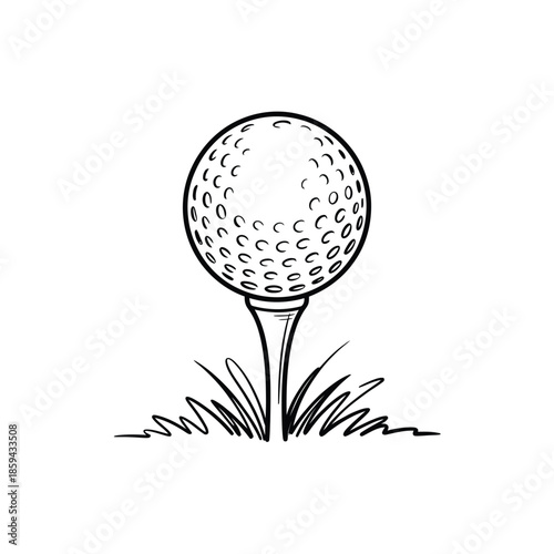 A simple black and white sketch of a golf ball on a tee
