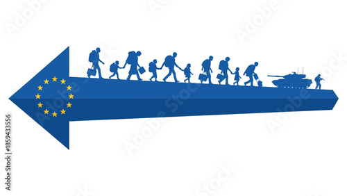 Silhouettes of people immigrating, moving toward a European flag shaped like an arrow