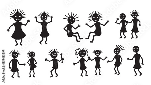 Silhouettes of people and architectural sketches, showing people in various actions