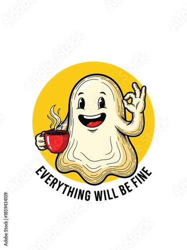Cheerful ghost with coffee cup and okay hand gesture, everything will be fine.