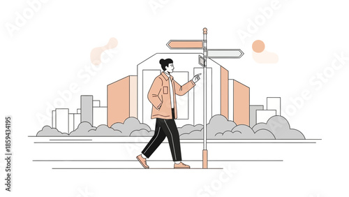 illustration of a young man walking with a phone beside a signpost in an urban environment with