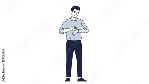 Illustration of a Young Man Checking the Time on His Watch Wearing Casual Clothes