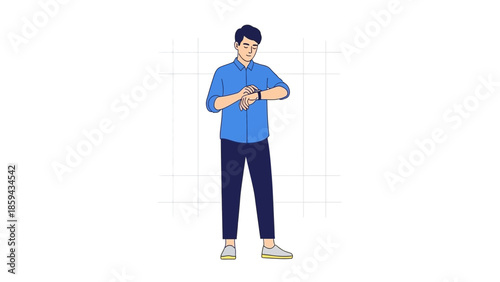 illustration of a young man checking the time on his wristwatch with a casual outfit and confident