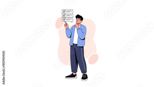 Illustration of a young man contemplating multiple checklists for task management clarity