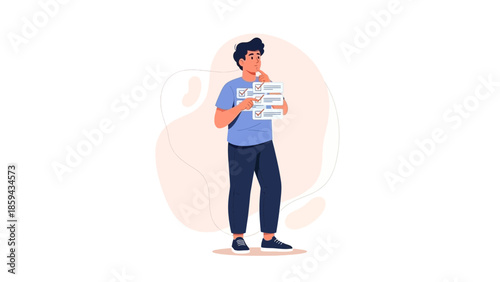 Illustration of a young man holding a detailed checklist diagram indicating organizational or task