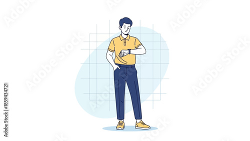 Illustration of a Young Man Standing and Looking at His Watch in Casual Clothing