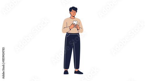 Illustration of a young man standing and using his smartphone with a casual outfit and neutral