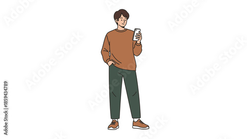illustration of a young man standing casually and looking at his smartphone with a relaxed posture