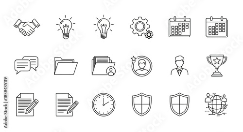 Line art icons illustrating business concepts, workflow, and productivity tools for presentation