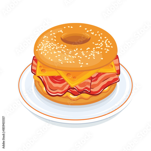 Bagel with bacon, egg and cheese vector illustration. Sesame bagel sandwich on a plate icon isolated on a white background