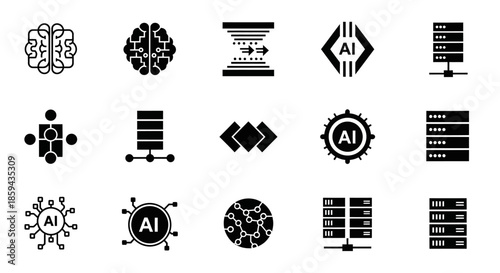 Collection of Black and White Artificial Intelligence and Network Icons with Brains and Servers