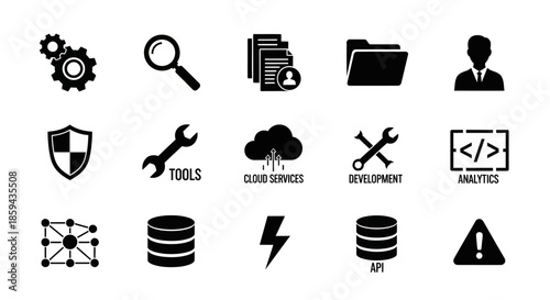Collection of essential development and analytics icons representing software engineering tools