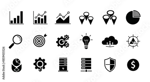 Collection of essential data analysis and business intelligence vector icons symbols  representation