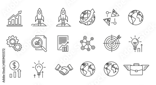 Collection of line art business icons depicting growth strategy and global marketing themes