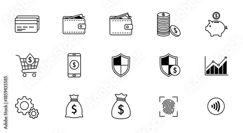 Set of linear icons representing financial transactions and investments concepts digital payments