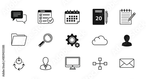 Set of vector icons representing various business and office related concepts depicted in a