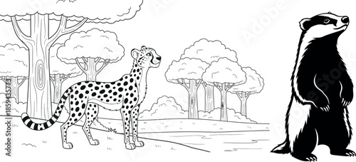 Wild animal friends cheetah and badger in forest habitat