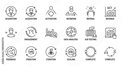 Collection of business and marketing icons showcasing acquisition, retention, and analytics