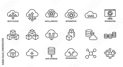 Diverse cloud computing and networking line icons for digital infrastructure solutions
