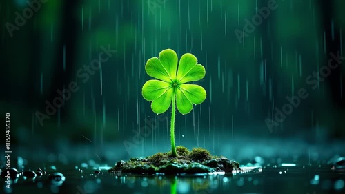 Vibrant fourleaf clover sprouting amid gentle raindrops, lucky plant emerging from mossy soil in misty forest setting, concept of good luck, st patrick's day, nature inspiration