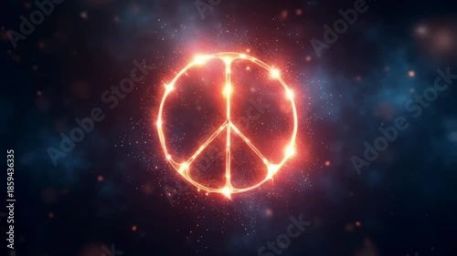 Glowing fractal lines forming peace sign, blurred cosmic nebula background with sparkling light bokeh for metaphysical theme.