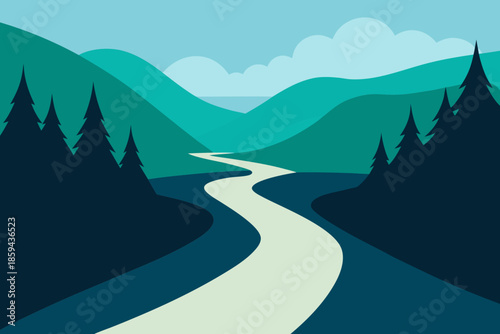 River Valley Landscape Silhouette with Flowing River