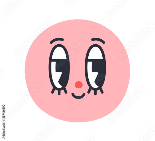 Cute comic emoji face. Funny flirting character, round head with smiling playful flirty expression. Charming excited emotion in kawaii style. Flat vector illustration isolated on white background
